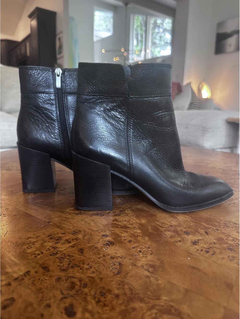 Black Leather Ankle Boots with Block Heel